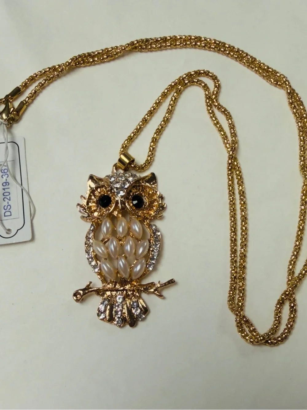 Gold-Tone Owl Pendant Necklace with Faux Pearls and Rhinestones NEW